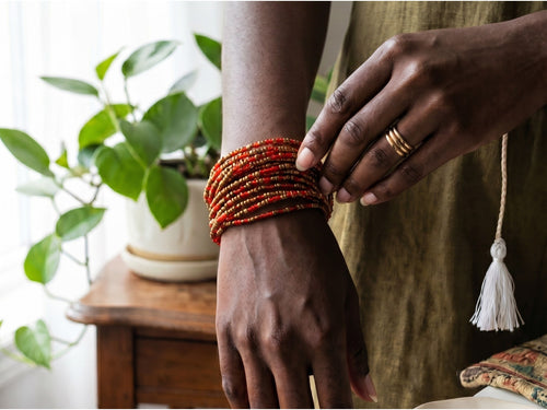 Waist Beads / Afrikanische Taillenkette - Gold Rot Chiamaka (Traditionelle nicht elastische Schnur)