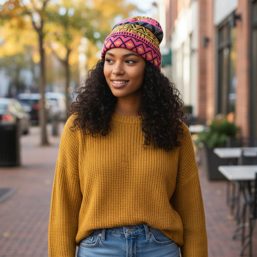 Afrikanische Wintermütze / Beanie - Rosa Tribal Symbols