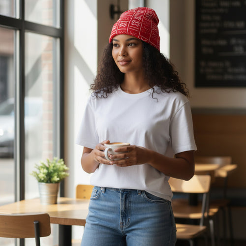 Afrikanische Wintermütze / Beanie - Rot Weiß Bogolan