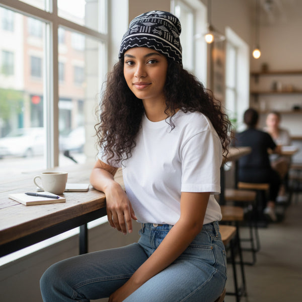 Afrikanische Wintermütze / Beanie - Schwarz Weiß Bogolan