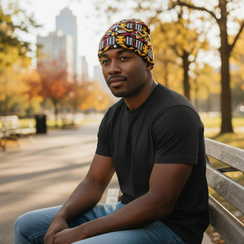 Afrikanische Wintermütze / Beanie - Braun Cross Bogolan