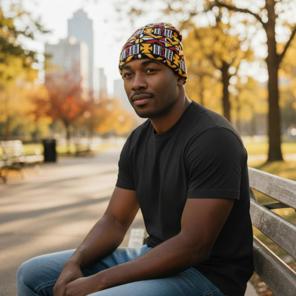 Afrikanische Wintermütze / Beanie - Braun Cross Bogolan