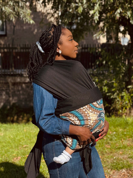Babytragetuch mit afrikanischem Print / Baby sling / Tragetuch - Beige Blau Feather