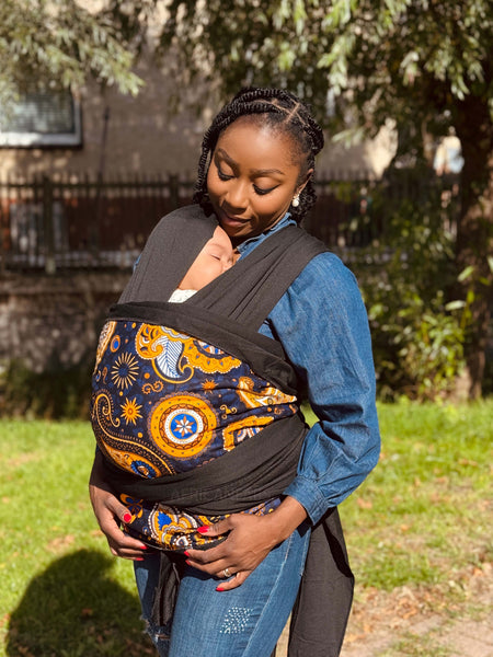Babytragetuch mit afrikanischem Print / Baby sling / Tragetuch -Marineblau Gelb Paisley