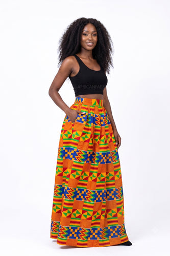 Afrikanischer Print Maxirock - Verstellbarer Schlitz - Blau Orange Kente
