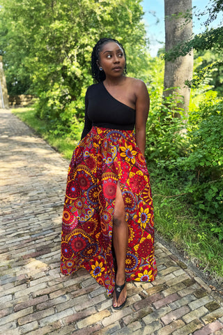 Maxirock mit afrikanischem Print - Rot & Gelb Mandala Patchwork