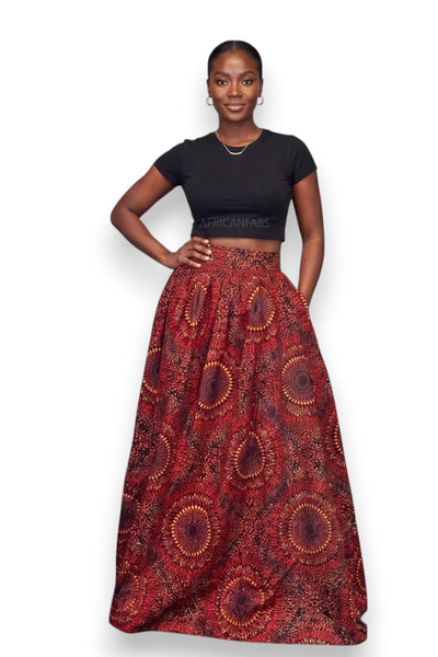Afrikanischer Print Maxirock - Verstellbarer Schlitz - Rot Sunburst