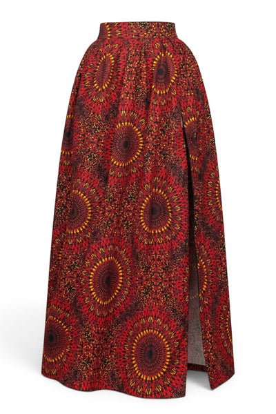 Afrikanischer Print Maxirock - Verstellbarer Schlitz - Rot Sunburst