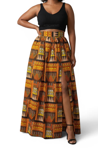 Afrikanischer Print Maxirock - Verstellbarer Schlitz - Orange Braun Tribal Blocks