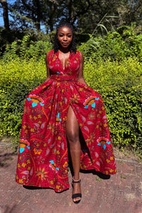 Afrikanischer Print  Infinity Multiway Maxikleid - Dunkelrot & Gelb Botanical Flow