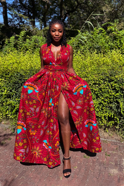 Afrikanischer Print  Infinity Multiway Maxikleid - Dunkelrot & Gelb Botanical Flow