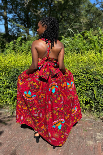 Afrikanischer Print  Infinity Multiway Maxikleid - Dunkelrot & Gelb Botanical Flow
