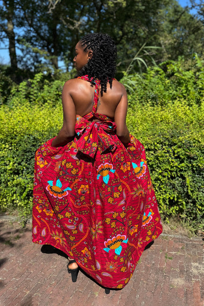 Afrikanischer Print  Infinity Multiway Maxikleid - Dunkelrot & Gelb Botanical Flow