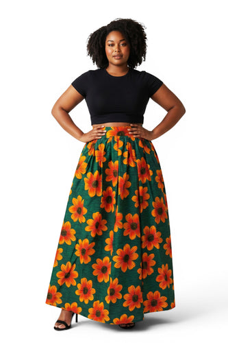 Afrikanischer Print Maxirock - Verstellbarer Schlitz - Grün Orange Sunflower