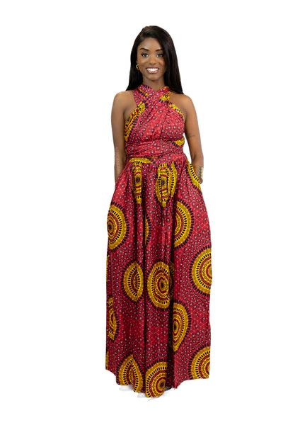 Afrikanischer Print  Infinity Multiway Maxikleid in /  Rot Dotted Patterns