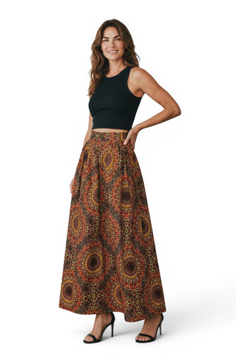 Afrikanischer Print Maxirock - Verstellbarer Schlitz - Braun Sunburst