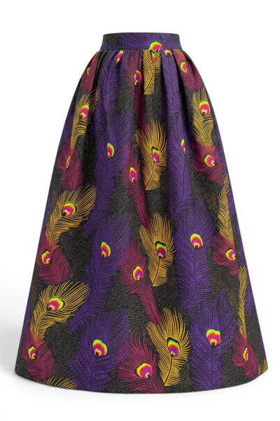 Afrikanischer Print Maxirock - Verstellbarer Schlitz - Lila Gelb Peacock Feathers