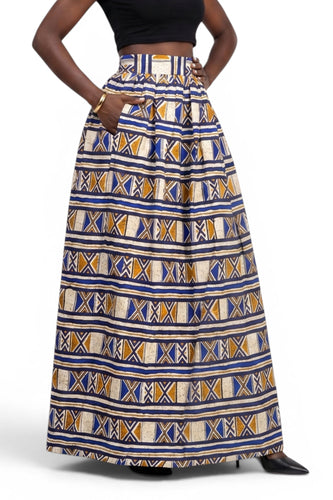 Afrikanischer Print Maxirock - Verstellbarer Schlitz - Blau Senfgelb Bogolan Heritage