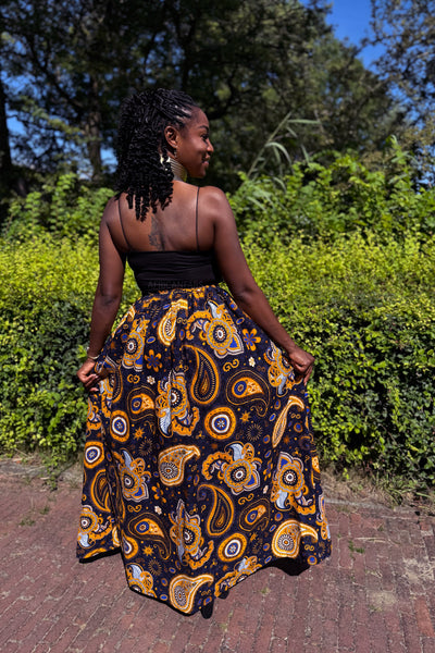 Maxirock mit afrikanischem Print - Marineblau Gelb Paisley
