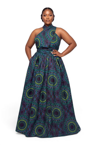 Afrikanisches Print Infinity Multiway Maxikleid - Verstellbarer Schlitz - Blau Grün Safari Mosaic