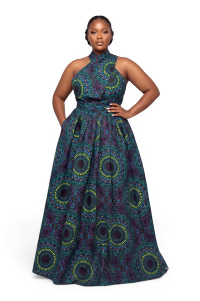 Afrikanisches Print Infinity Multiway Maxikleid - Verstellbarer Schlitz - Blau Grün Safari Mosaic