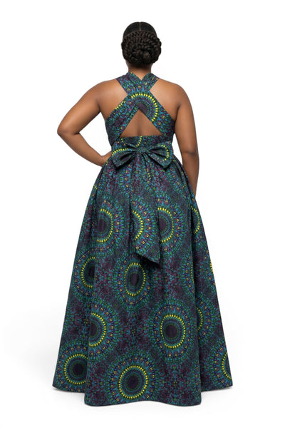 Afrikanisches Print Infinity Multiway Maxikleid - Verstellbarer Schlitz - Blau Grün Safari Mosaic
