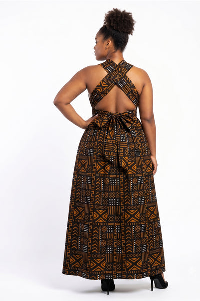 Afrikanisches Print Infinity Multiway Maxikleid - Verstellbarer Schlitz - Schwarz Orange Bogolan Spirit