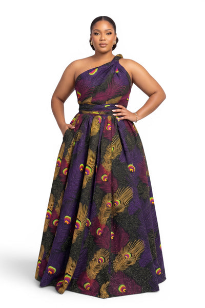 Afrikanisches Print Infinity Multiway Maxikleid - Verstellbarer Schlitz - Lila Gelb Royal Peacock
