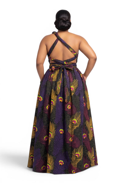 Afrikanisches Print Infinity Multiway Maxikleid - Verstellbarer Schlitz - Lila Gelb Royal Peacock