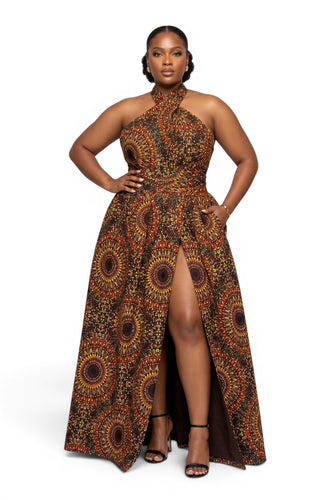 Afrikanisches Print Infinity Multiway Maxikleid - Verstellbarer Schlitz - Braun Savanna Sun
