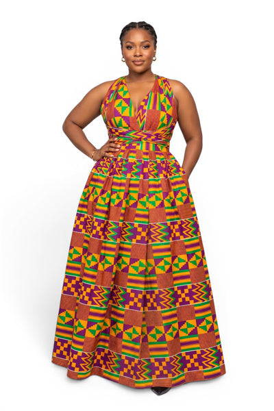 Afrikanisches Print Infinity Multiway Maxikleid - Verstellbarer Schlitz - Lila Grün Kente Royale