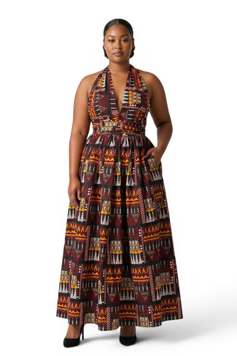 Afrikanisches Print Infinity Multiway Maxikleid - Verstellbarer Schlitz - Braun Orange Earth Heritage