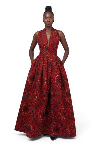 Afrikanisches Print Infinity Multiway Maxikleid - Verstellbarer Schlitz - Rot Sunfire Bloom