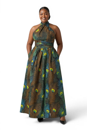 Afrikanisches Print Infinity Multiway Maxikleid - Verstellbarer Schlitz - Petrol Braun Peacock Majesty