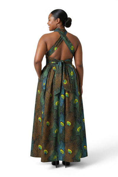 Afrikanisches Print Infinity Multiway Maxikleid - Verstellbarer Schlitz - Petrol Braun Peacock Majesty