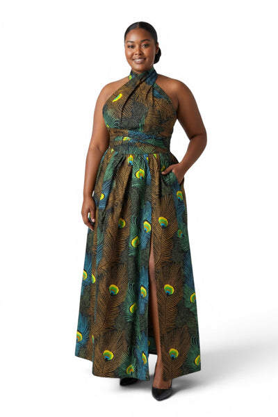 African Print Infinity Multiway Maxi Dress - Adjustable Slit - Teal Brown Peacock Majesty