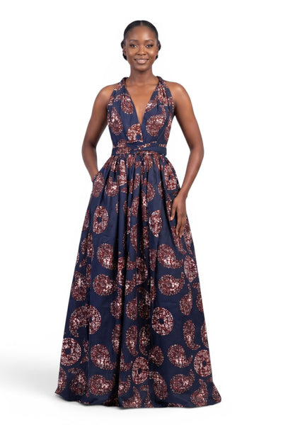 Afrikanisches Print Infinity Multiway Maxikleid - Verstellbarer Schlitz - Blau Braun Sahara Paisley