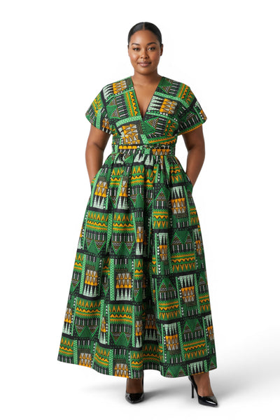 Afrikanisches Print Infinity Multiway Maxikleid - Verstellbarer Schlitz - Grün Emerald Spirit