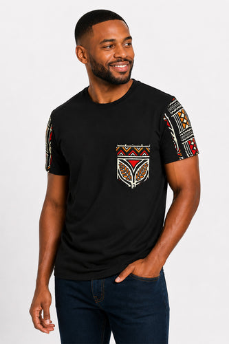 T-Shirt mit afrikanischem Druck - Rot Bogolan Symbols Pocket