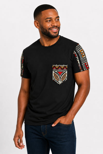 T-Shirt mit afrikanischem Druck - Rot Bogolan Symbols Pocket