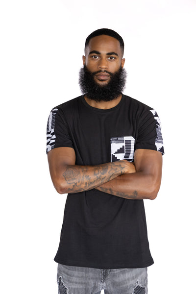 T-Shirt mit afrikanischem Druck - Schwarz / Weiß Kente und Brusttasche