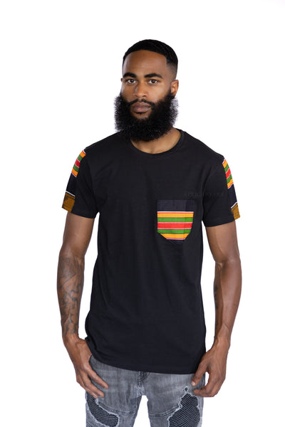 T-Shirt mit afrikanischem Druck - Pan Africa Kente Schwarz  und Brusttasche