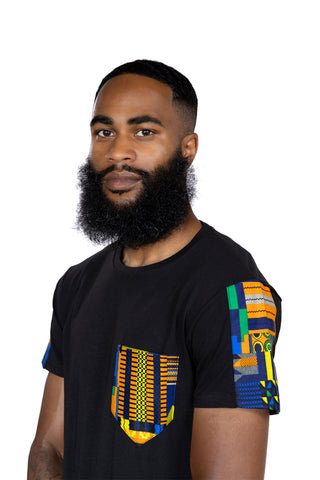T-Shirt mit afrikanischem Druck - Blau / orange Kente und Brusttasche
