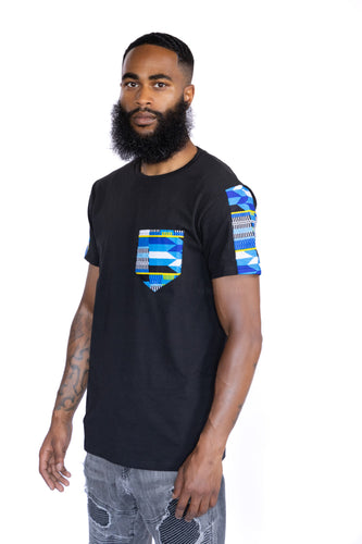 T-Shirt mit afrikanischem Druck - Blau Kente und Brusttasche