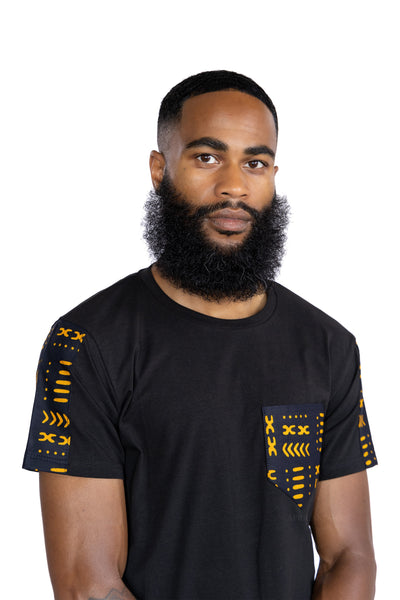 T-Shirt mit afrikanischem Druck - Gelb Bogolan und Brusttasche