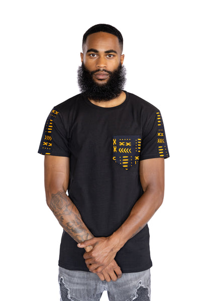 T-Shirt mit afrikanischem Druck - Gelb Bogolan und Brusttasche