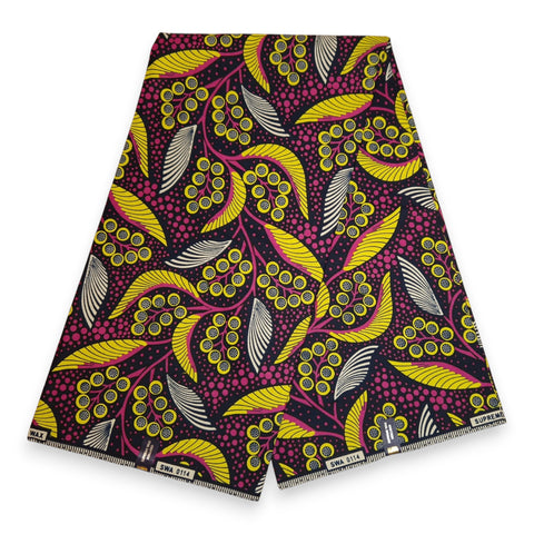 Afrikanischer Stoff - Rosa Gelb Leaves - 100 % Baumwolle