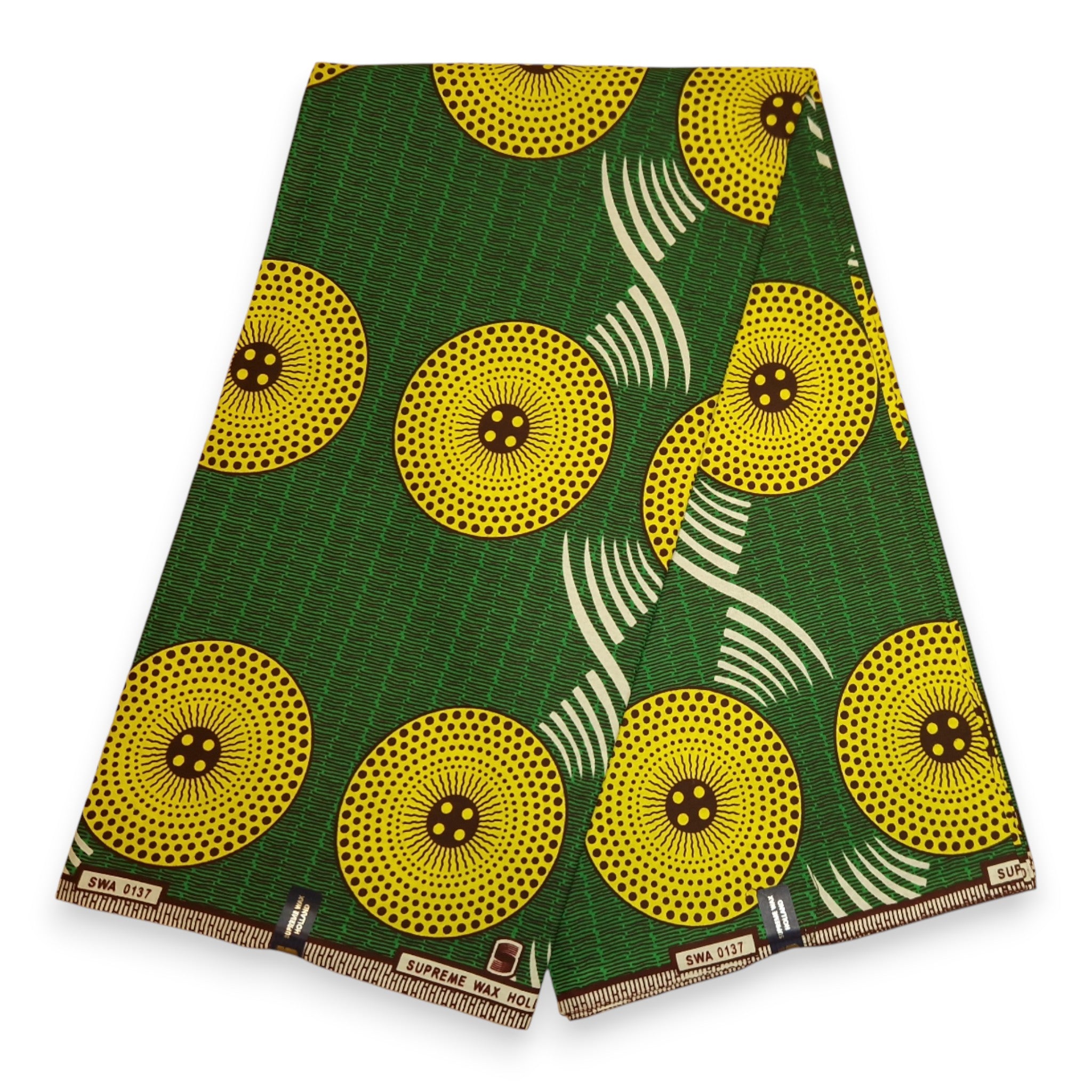 African Wax print fabric - Green and Yellow Radiant Sun Spirals - 100% cotton