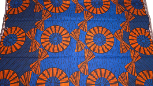 Afrikanischer Wax Print Stoff - Blau Orange Sun Disc - 100% Baumwolle