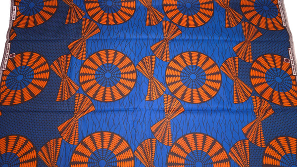 Afrikanischer Wax Print Stoff - Blau Orange Sun Disc - 100% Baumwolle